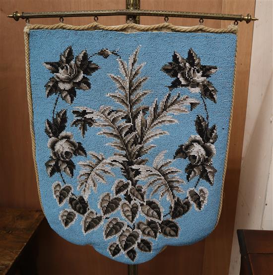 A Victorian brass polescreen with beadwork banner W.45cm